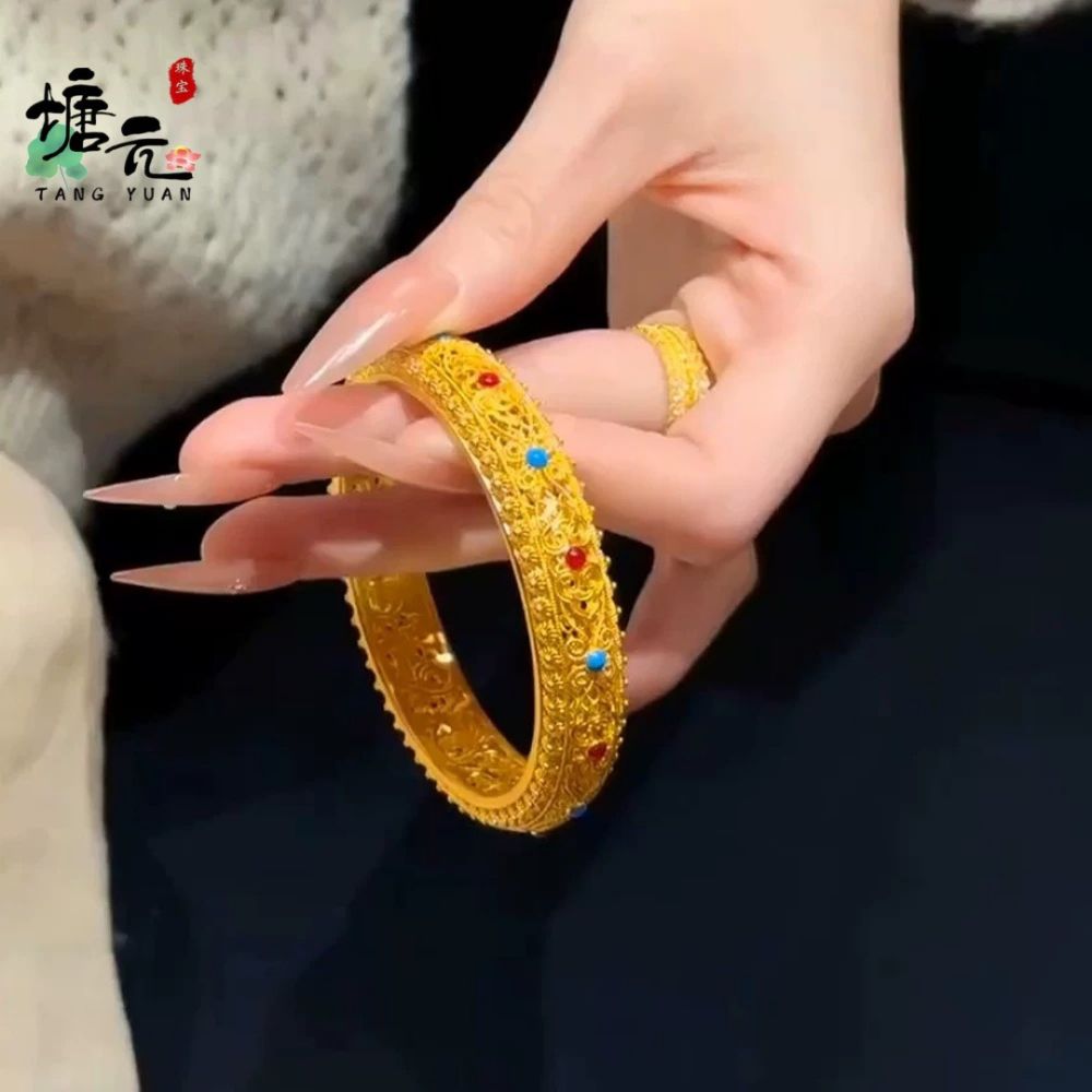 金店新款越南沙金手镯女镂空花丝珐琅镯子 时尚气质百搭婚庆饰品 - 1