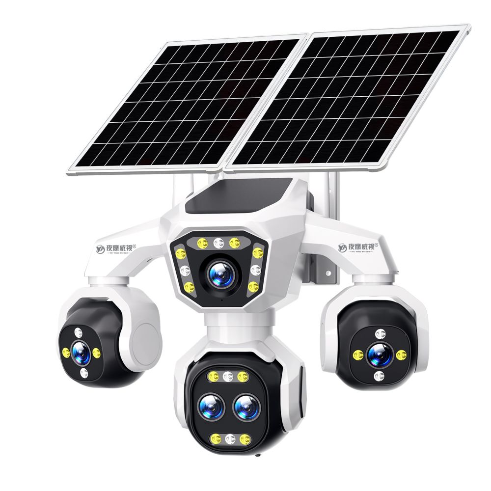 Solar Powered Surveillance Camera with Five Lenses 18X Zoom Four Screen 360 Degree Rotation Full Color Night Vision Waterproof