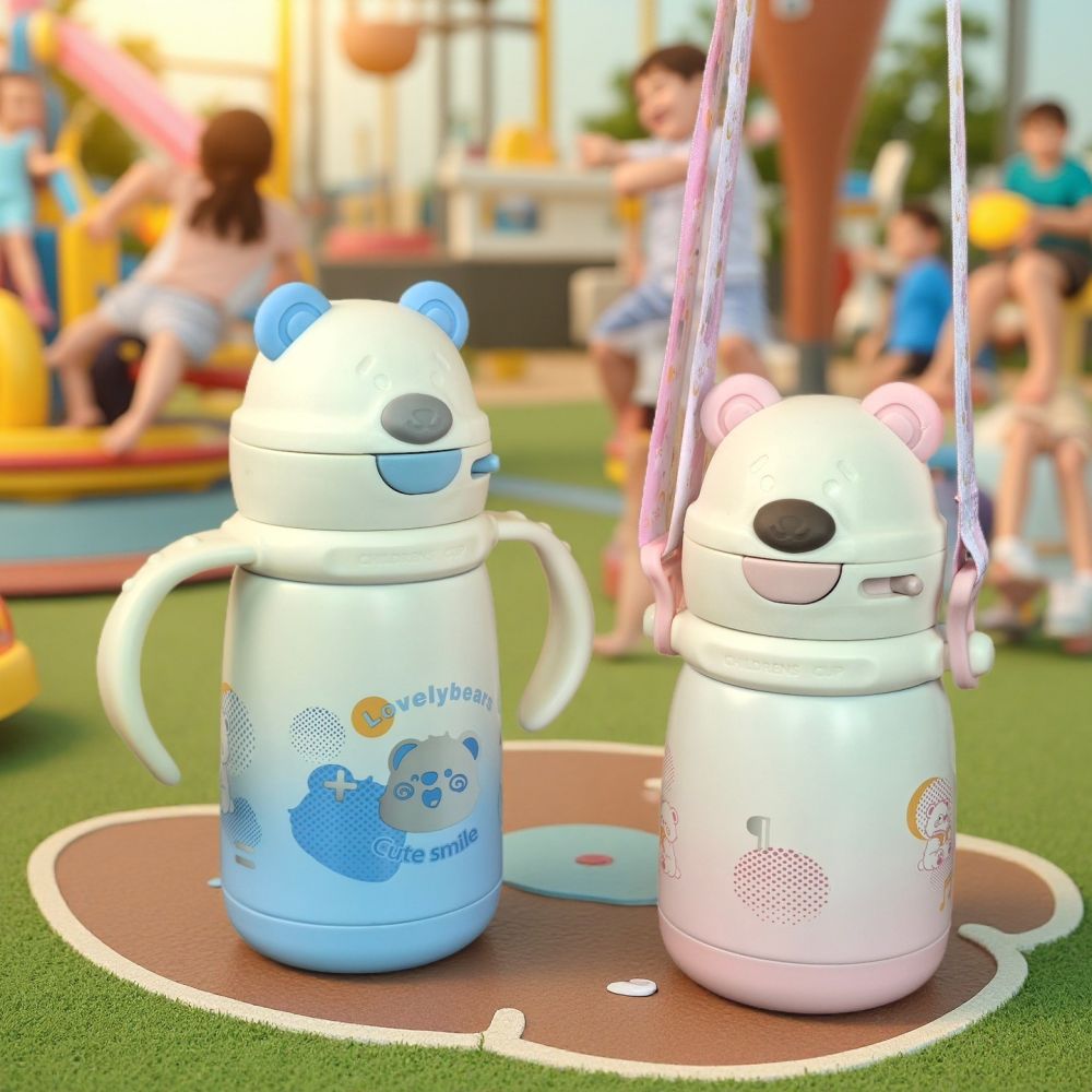 Stainless Steel Infant Insulated Cup with Gravity Ball, Lying-Down Drinking Straw Cup, Handle, Shoulder Strap, Cartoon Water Cup - 3