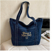 Japanischer Casual-Rucksack mit großem Fassungsvermögen für Damen, trendige Stickerei mit Buchstaben, Jeans-Rucksack für Studenten, großer Fassungsvermögen, Commuter-Tote-Bag - 8
