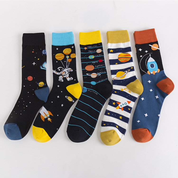 Bunte Baumwoll-Herrensocken, mittellang, kosmisches Muster - 1