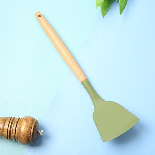 Yeni silikon mutfak gereçleri ahşap saplı çift set yüksek sıcaklığa dayanıklı gıda sınıfı yapışmaz spatula kaşık mutfak eşyaları seti - 7