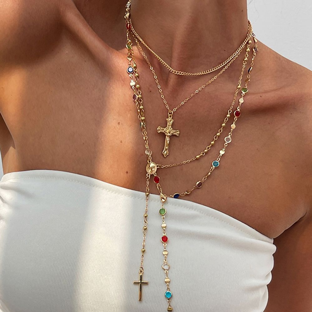 Cross Rhinestone Pendant Necklace Alloy Chain