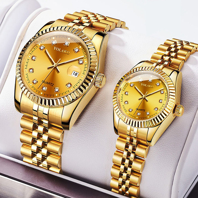 Diamond face steel band calendar watch for women, simple comfortable student fashion quartz gold set men's watch couple