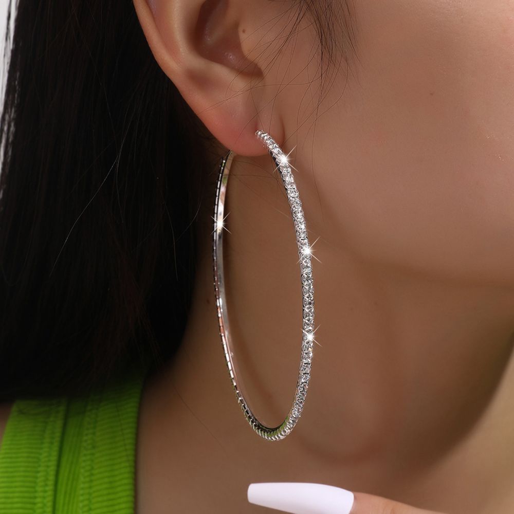 European and American bright 8 cm large hoop earrings for women, fashionable and trendy cross-border earrings, diamond-studded music festival party earrings