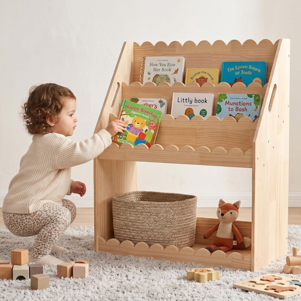 Grenzüberschreitender Kinder-Fächerregal, vierschichtiges Montessori-Kleinkind-Holzregal
