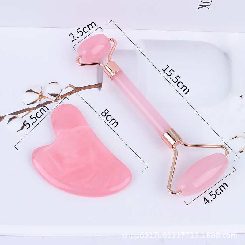 Heart-Shaped Rose Quartz Roller Massager Pink Crystal Heart Gua Sha Board Facial Beauty Plate Double-Head Roller Massage Device