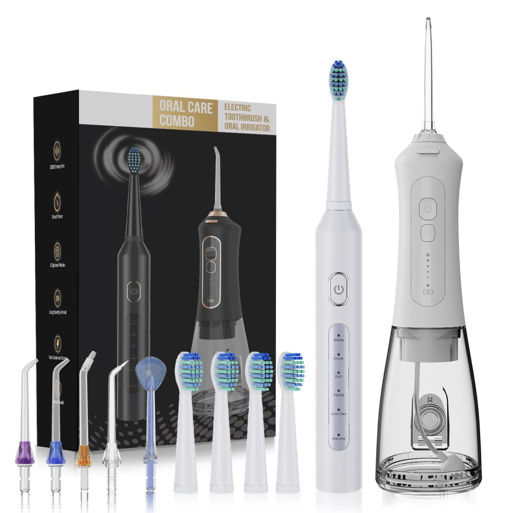 Portable oral irrigator set with electric toothbrush, F6, 8 accessories