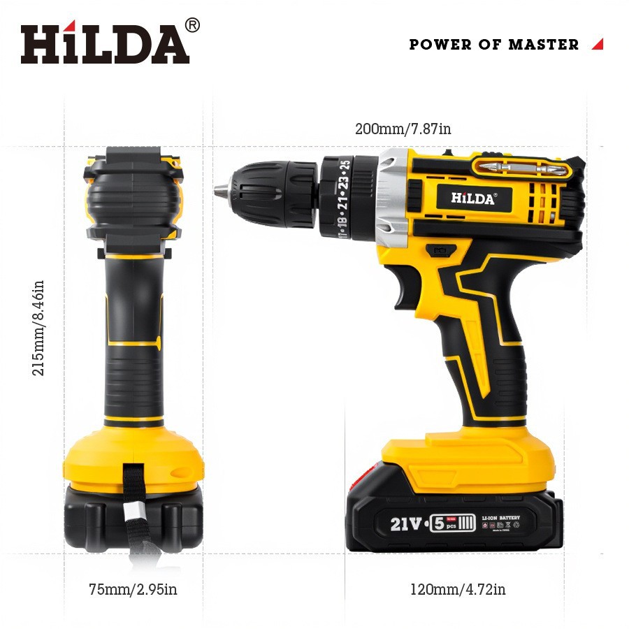 21V cordless impact drill, dual speed, rechargeable, drill set