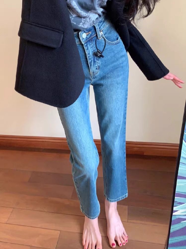 Vintage-blaue Straight-Leg-Jeans für Damen, kleine Größen