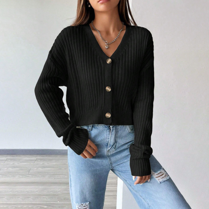 Amazon Grenzüberschreitender V-Ausschnitt Damenpullover, Herbst-Winter, lockerer Langarm-Strickmantel, einfarbig, mit Knopfleiste, lässige Strickjacke