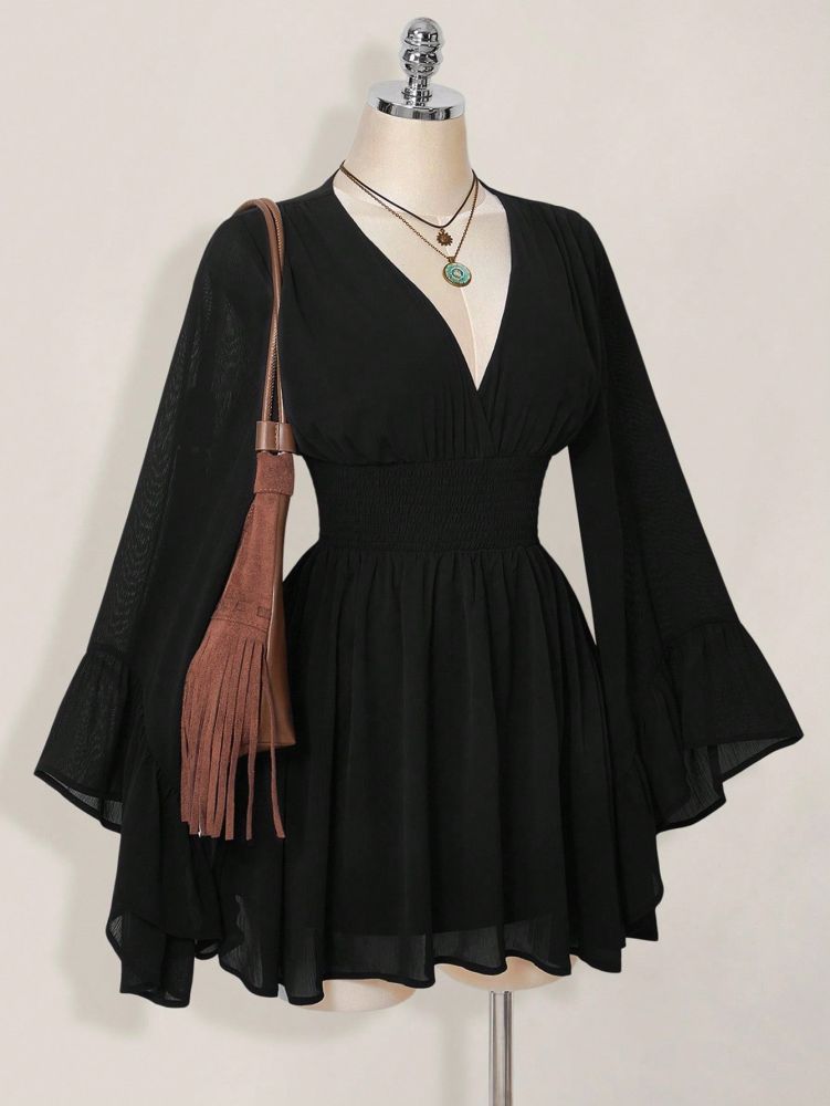 Deep V-Neck Waist-Cinching Short Flared Sleeve Mesh Dress, Solid Colour