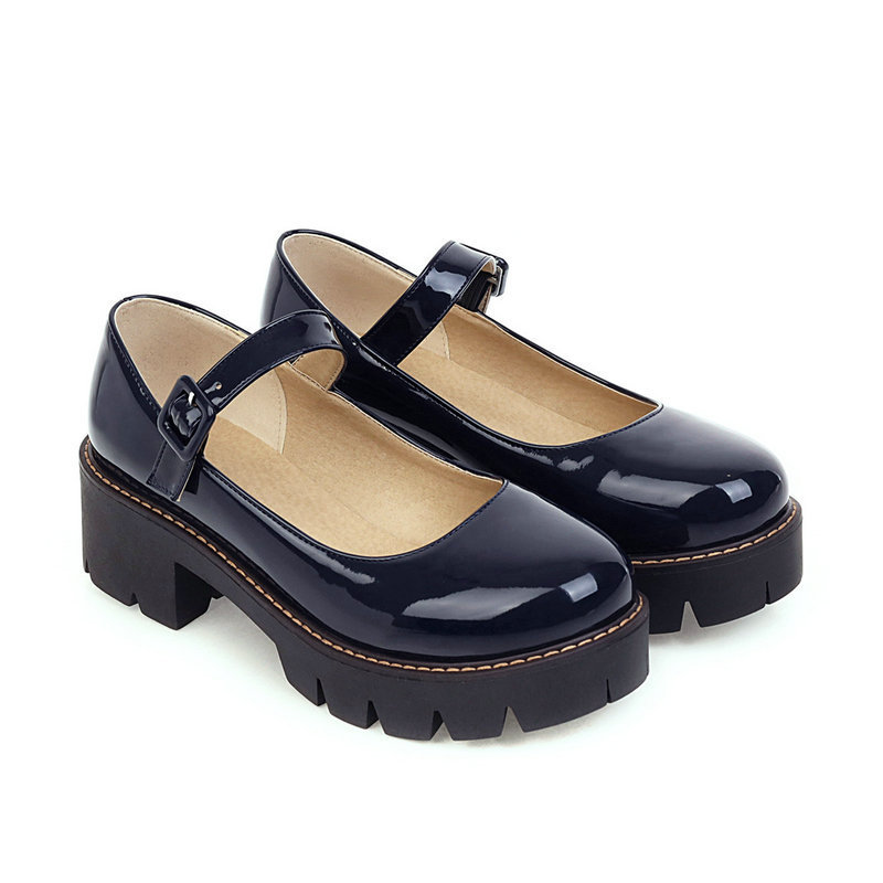 Thick-Soled Mary Jane Women's Shoes, Single Strap, Patent Leather, Buckle