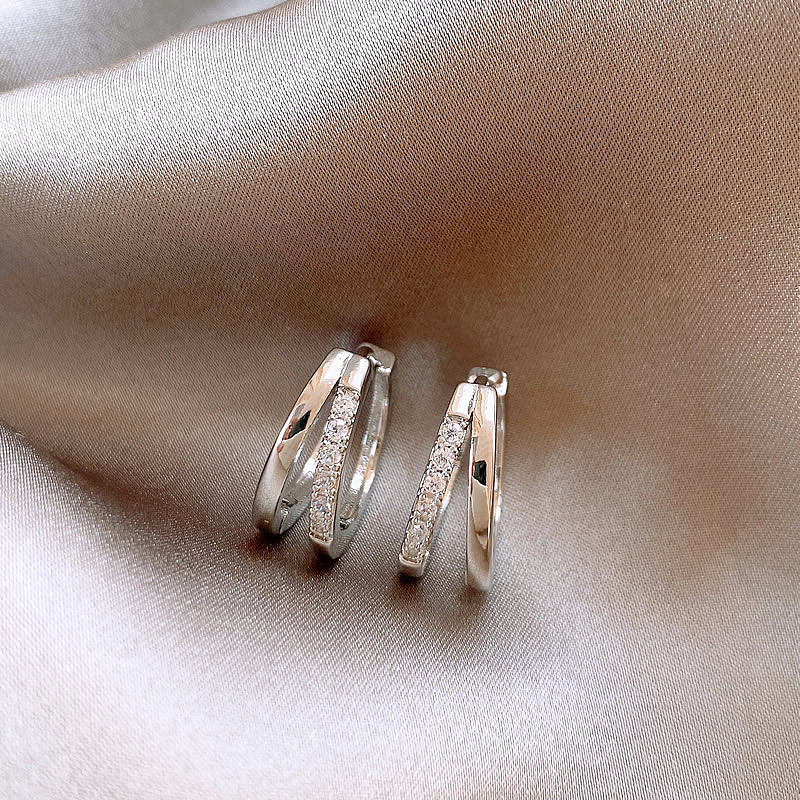 Silver rhinestone double-layer ear clips with hoop design - 1