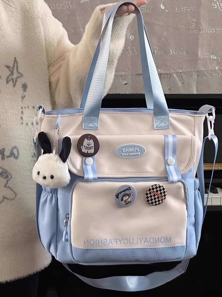 Japanese-style Color-block Student Handbag Tutoring Bag Canvas Junior High School Large Capacity Class Bag Women's Crossbody Sling Bag - 4