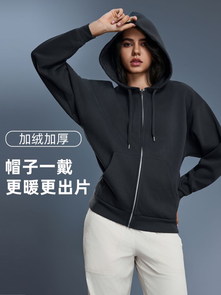 Autumn Winter New Style Fleece-Lined Hooded Sweatshirt for Women, Windproof and Warm, Loose Fit Slimming Casual Zip-Up Cardigan Jacket D25155