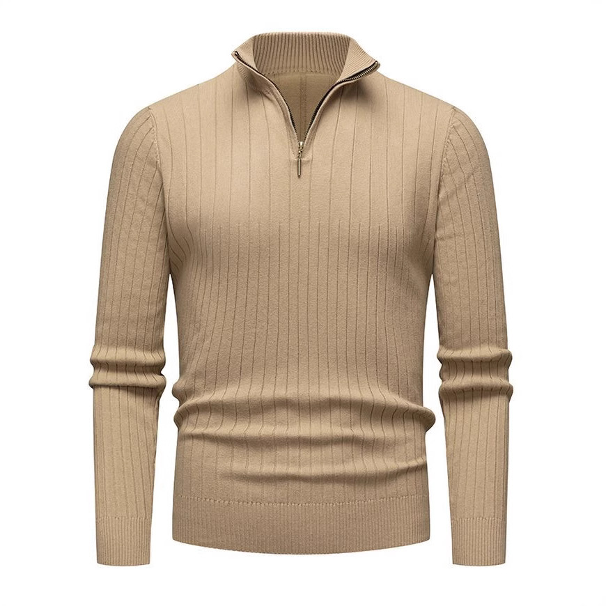 Men's Long Sleeve Knit Sweater, Half Turtleneck, Zipper, Vertical Stripes