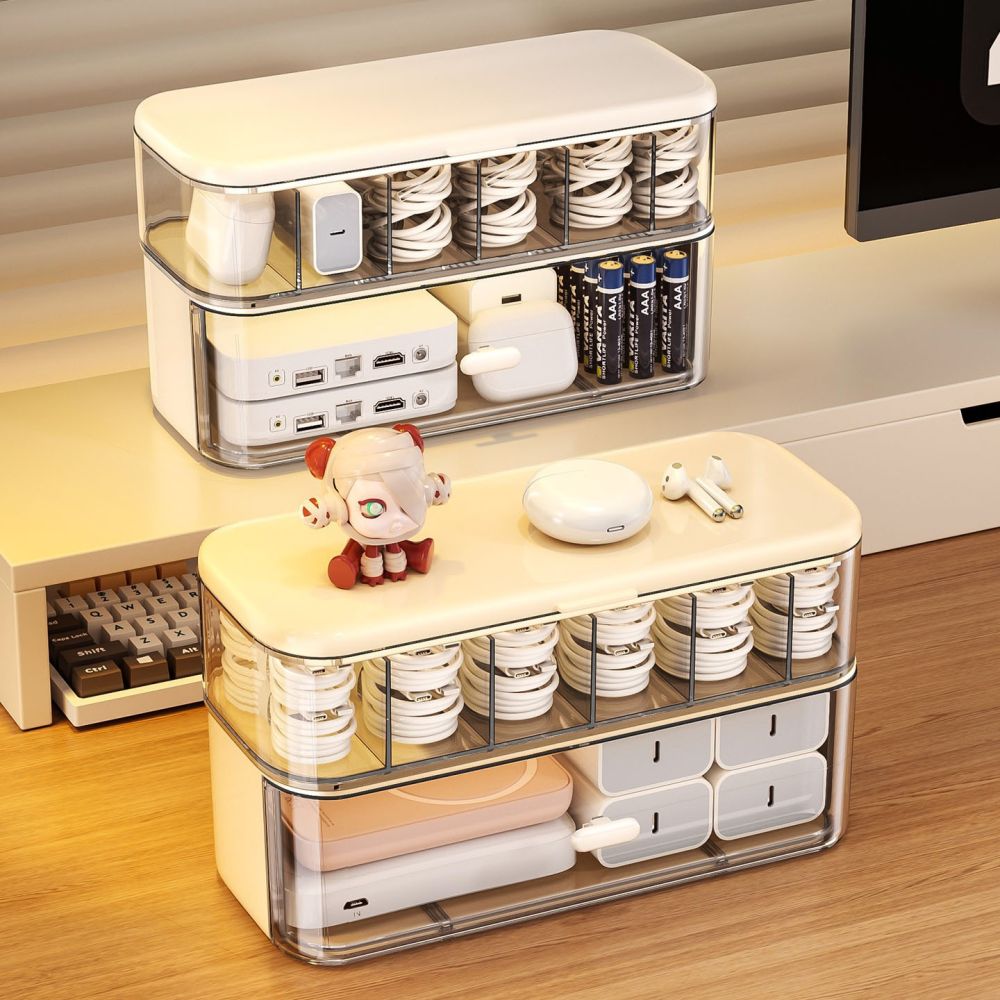 Double-layer cable storage box in acrylic for desktop organization - 1