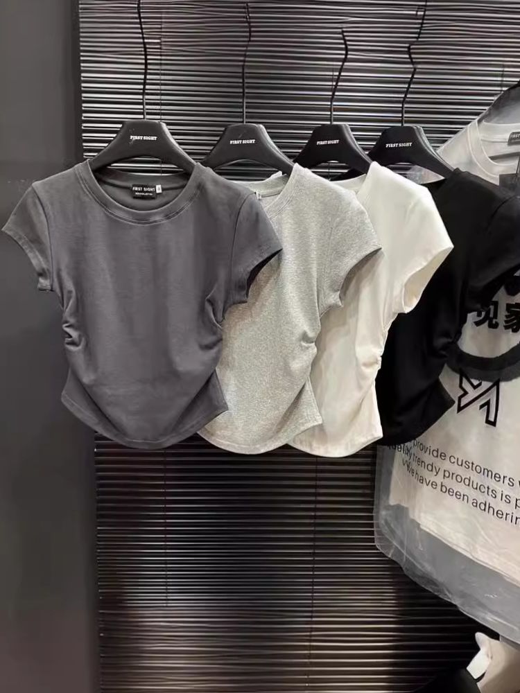Trendy sexy girl pure desire waist wrap short sleeve t-shirt for women, summer new solid color sweater slim fit short top for women.