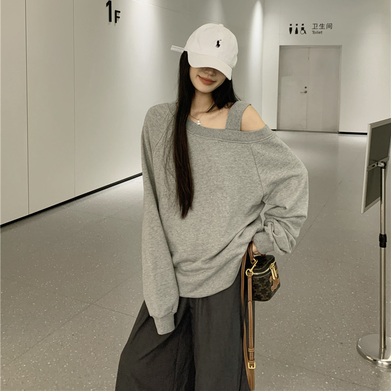 Amerikan Tarzı Kadın Sweatshirt, Eğik Omuzlu, Omuz Açık, Bol Kesim