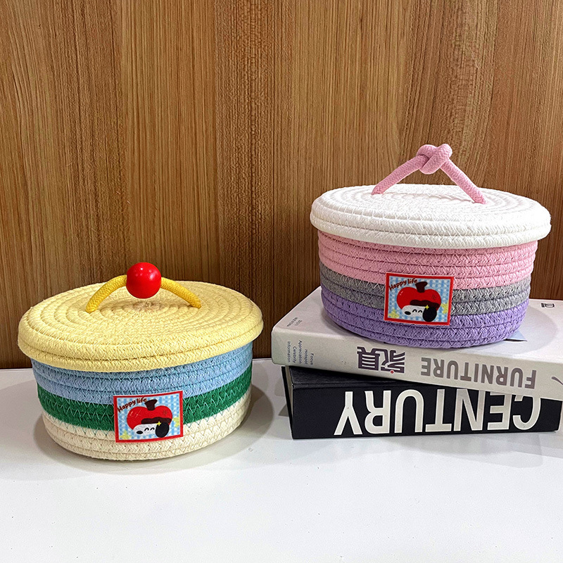 Woven Desktop Storage Basket with Lid, Cosmetic Organizer - 1