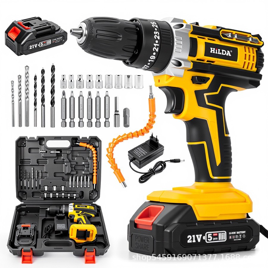 21V cordless impact drill, dual speed, rechargeable, drill set