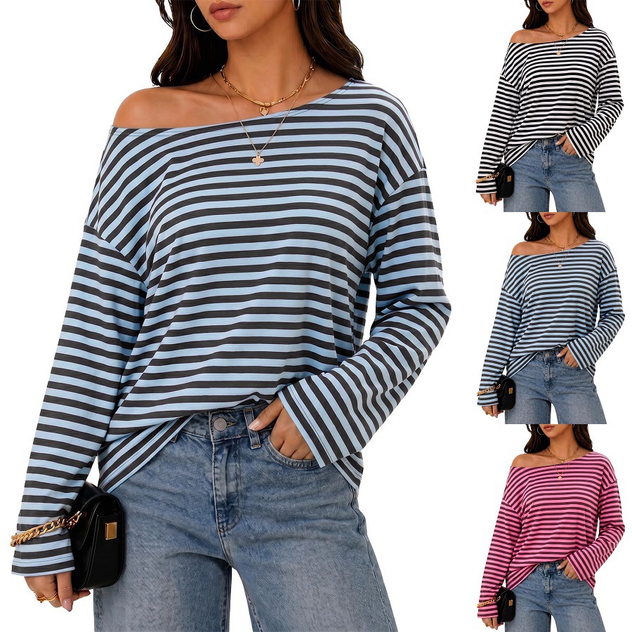 Women's Round Neck Striped Color-Block Long Sleeve T-Shirt