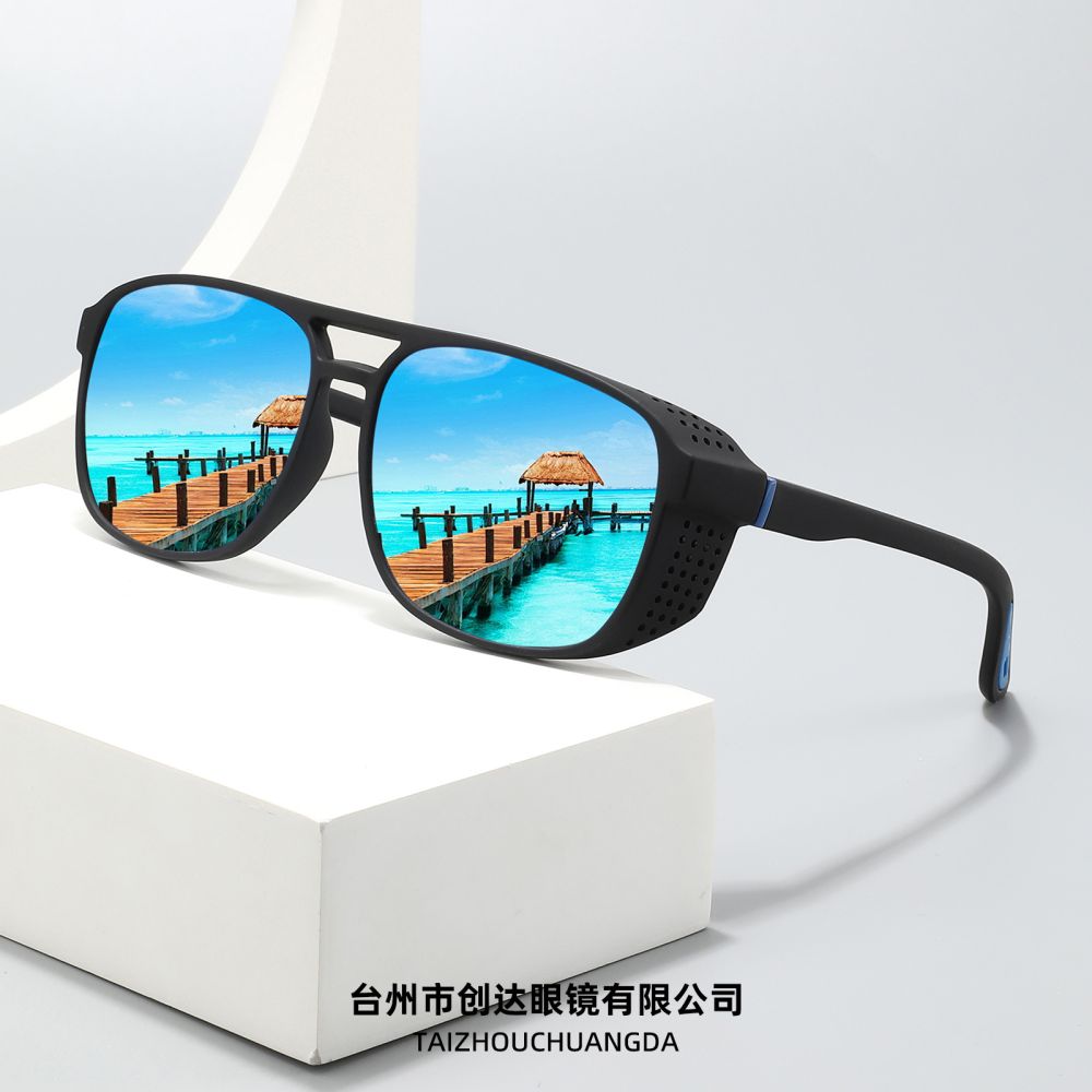 New Cross-Border European and American Polarized Sunglasses, Double-Bridge Square Frame, Side Hollow-Out Retro Sunglasses, UV-Protection Eyewear