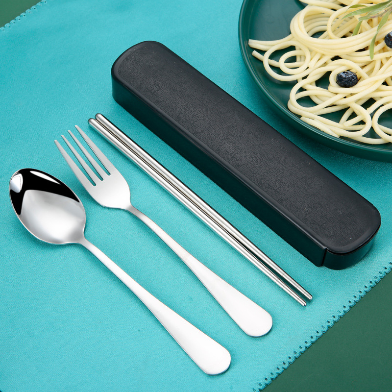 Besteckset, komplettes Set aus Edelstahl-Löffel und Essstäbchen, tragbares Besteckset, Essstäbchen und Löffel, dreiteiliges Messer- und Gabelset - 4
