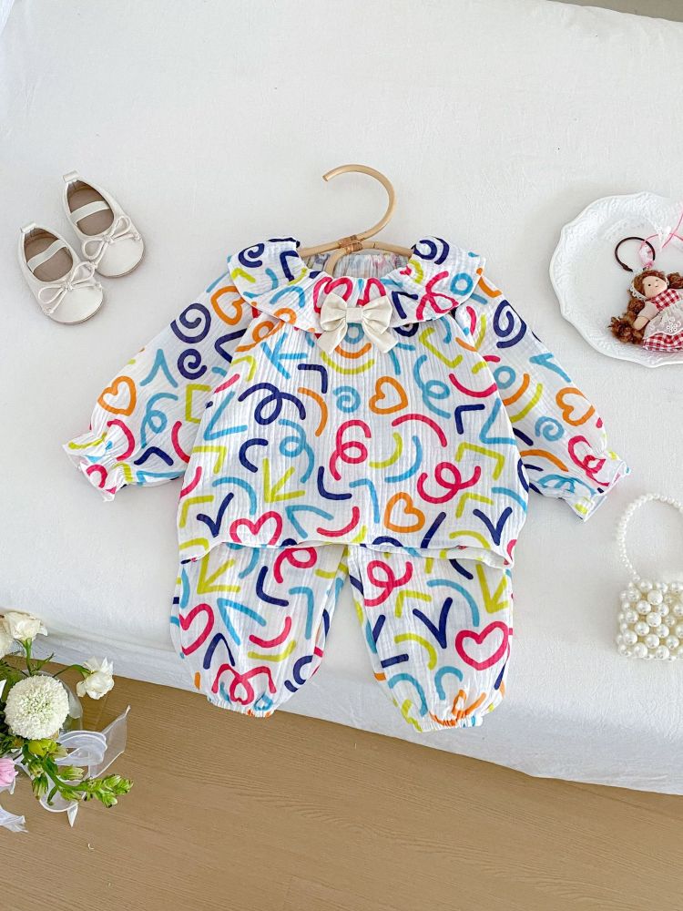 26er Baby- und Kinderschlafanzug, Herbst, dünne Baumwoll-Gaze, stylisches buntes Hausanzug für Mädchen, lockerer langärmliger Set für Mädchen und Babys
