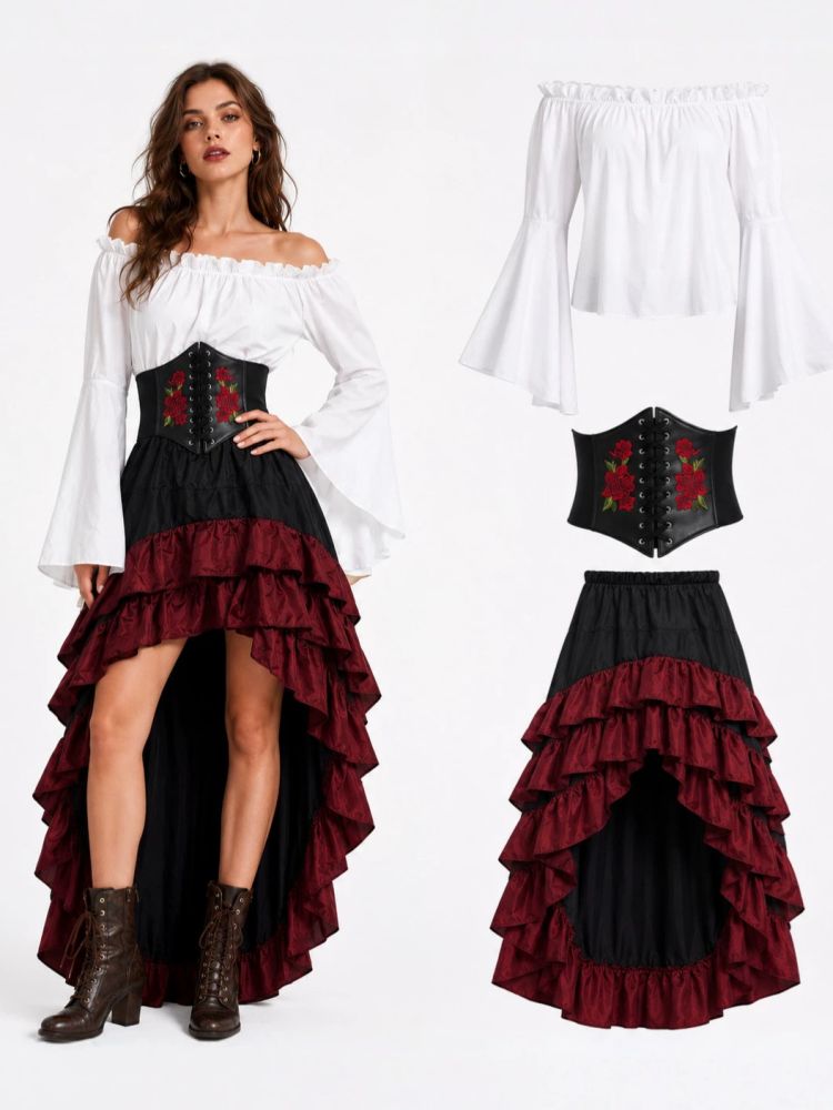 Halloween Mittelalter Retro Piratenkleid Kapitänin Rüschensaum Korsett Langkleid Hofkleid Dreiteiler