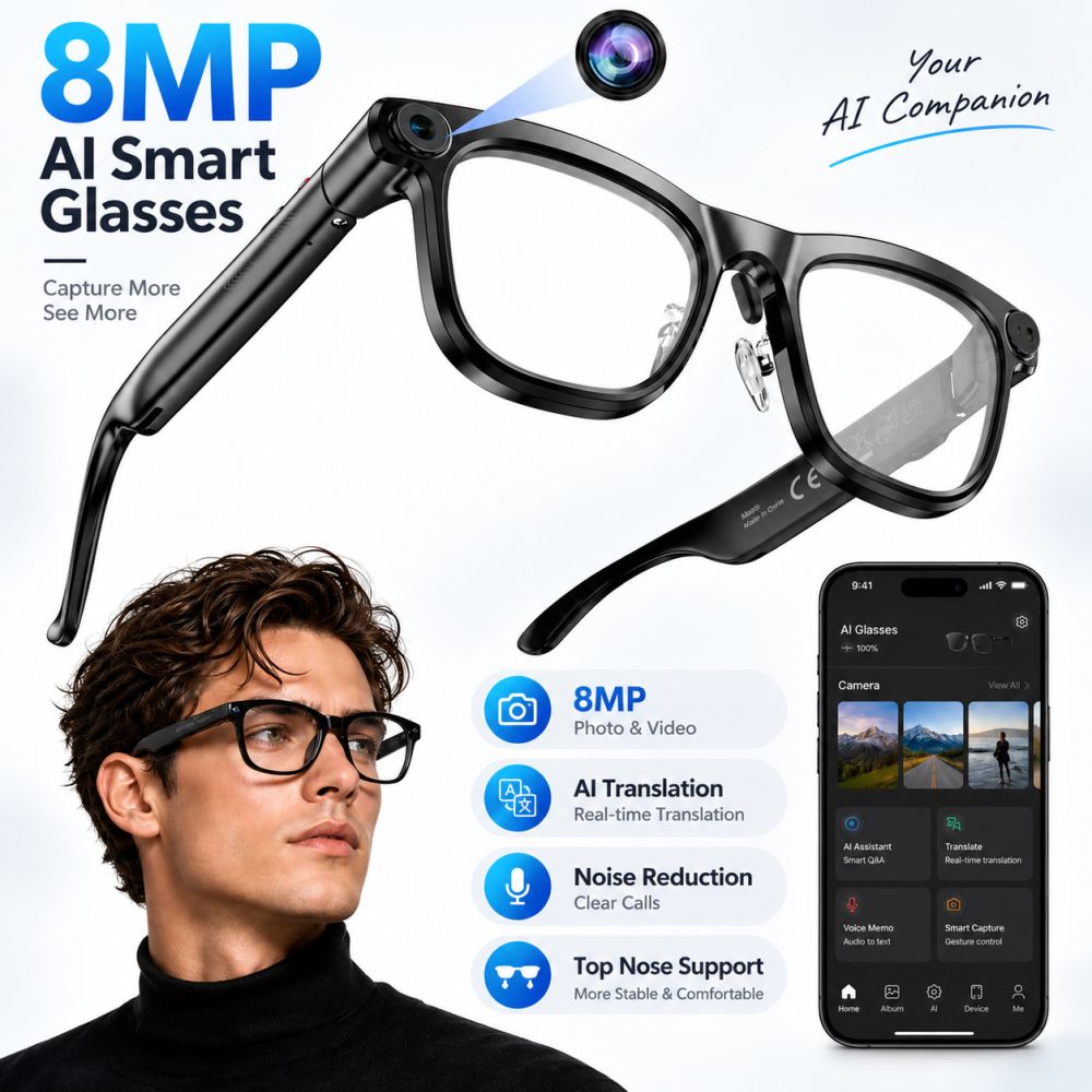 AI Smart Glasses with 800W Pixel Camera, Real-Time Translation, Bluetooth Calling
