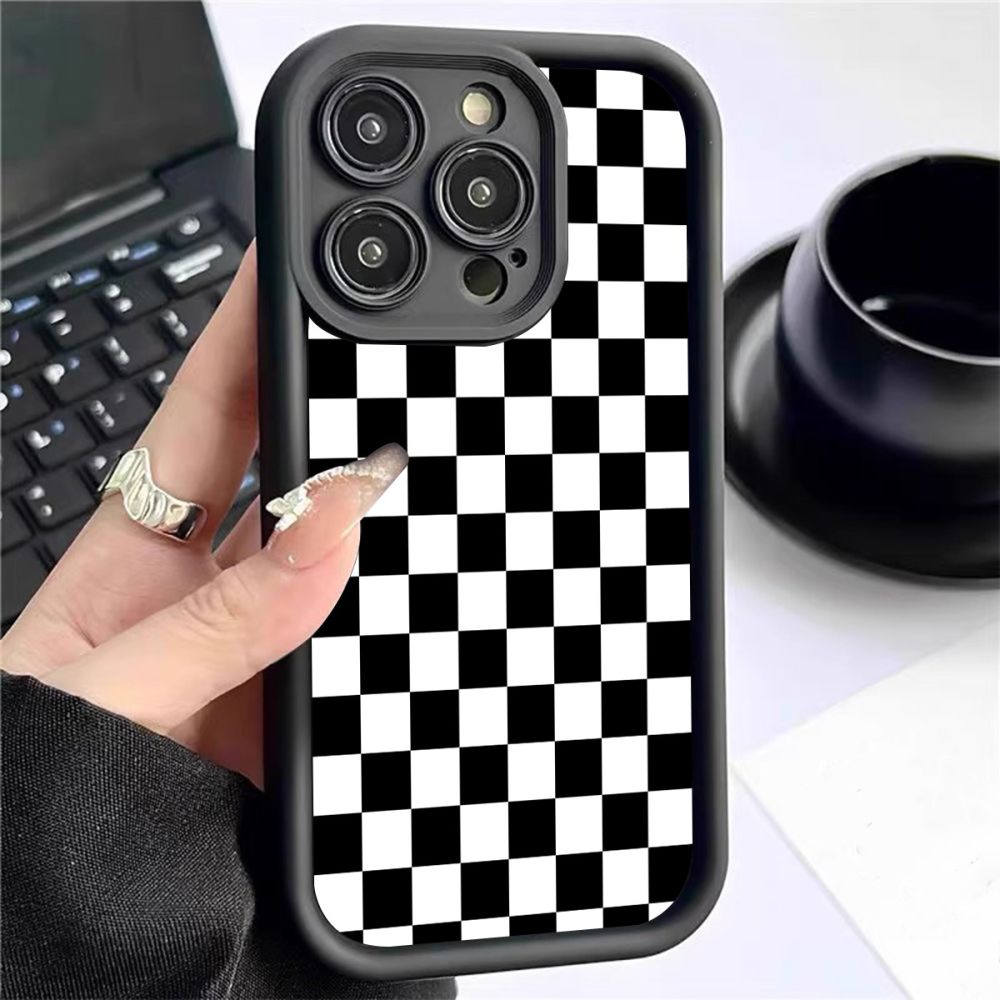 Black and White Checkered Corundum Phone Case for iPhone 15/16/17