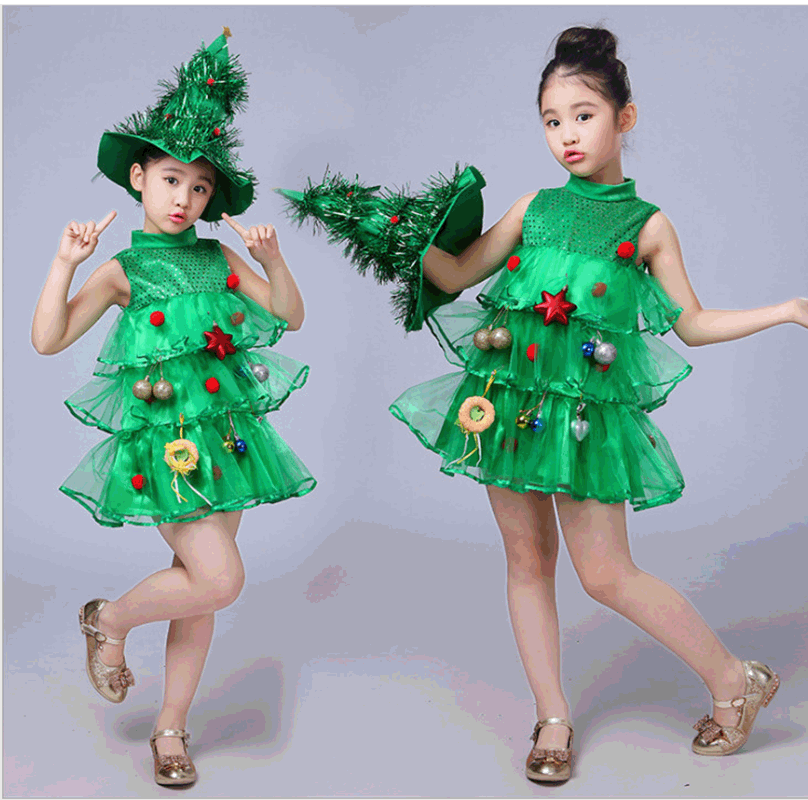Mädchen-Weihnachtsbaum-Auftrittskostüm, grünes Hanfu - 1