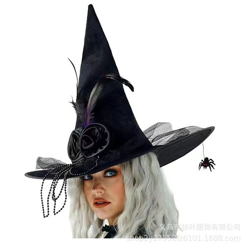 Halloween Hexenhut Schwarz mit lila Federn