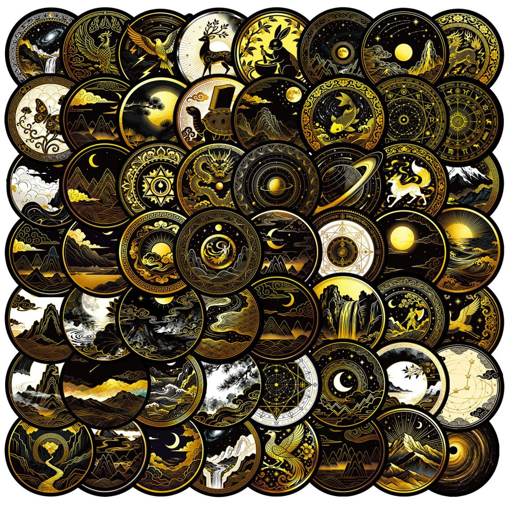 56 new-style black gold celestial cartoon graffiti stickers, dark personality niche decorative luggage journal stickers