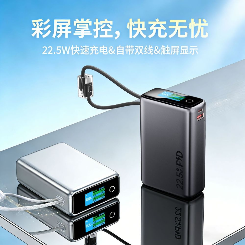 Neue grenzüberschreitende TFT-Farbbildschirm-Powerbank 20000 mAh, 22,5 W, mit integriertem Dual-Schnellladekabel, tragbares mobiles Netzteil