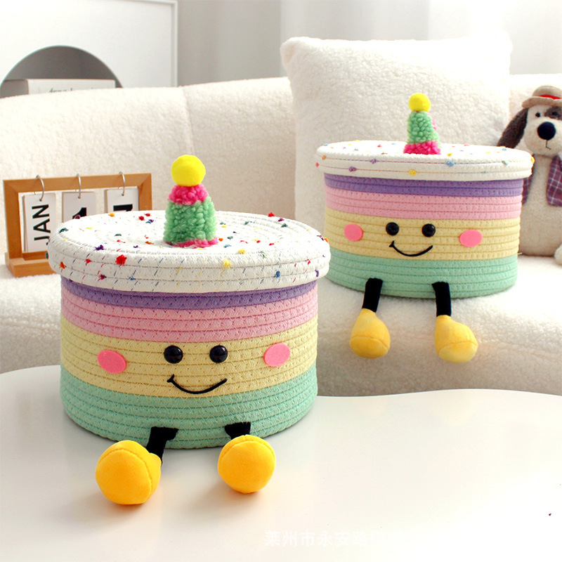 Fun Toy Doll Cake Storage Basket Children's Toy Cartoon Cotton Thread Woven Basket Living Room Desktop Snack Organizer Box