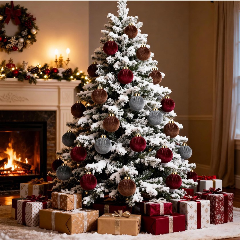 Dark Velvet Christmas Balls, Flocked Christmas Ornaments