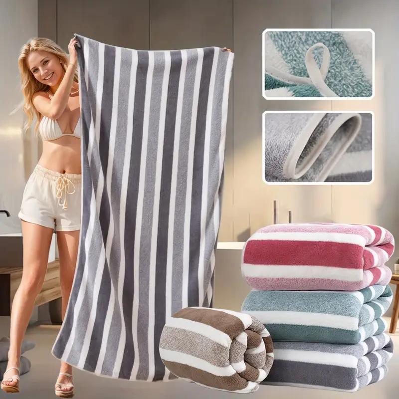 High-density coral fleece wide stripe bath towel, printed absorbent towel, thickened large bath towel, export towel, Temu.