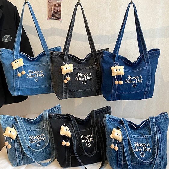 Japanischer Casual-Rucksack mit großem Fassungsvermögen für Damen, trendige Stickerei mit Buchstaben, Jeans-Rucksack für Studenten, großer Fassungsvermögen, Commuter-Tote-Bag - 1