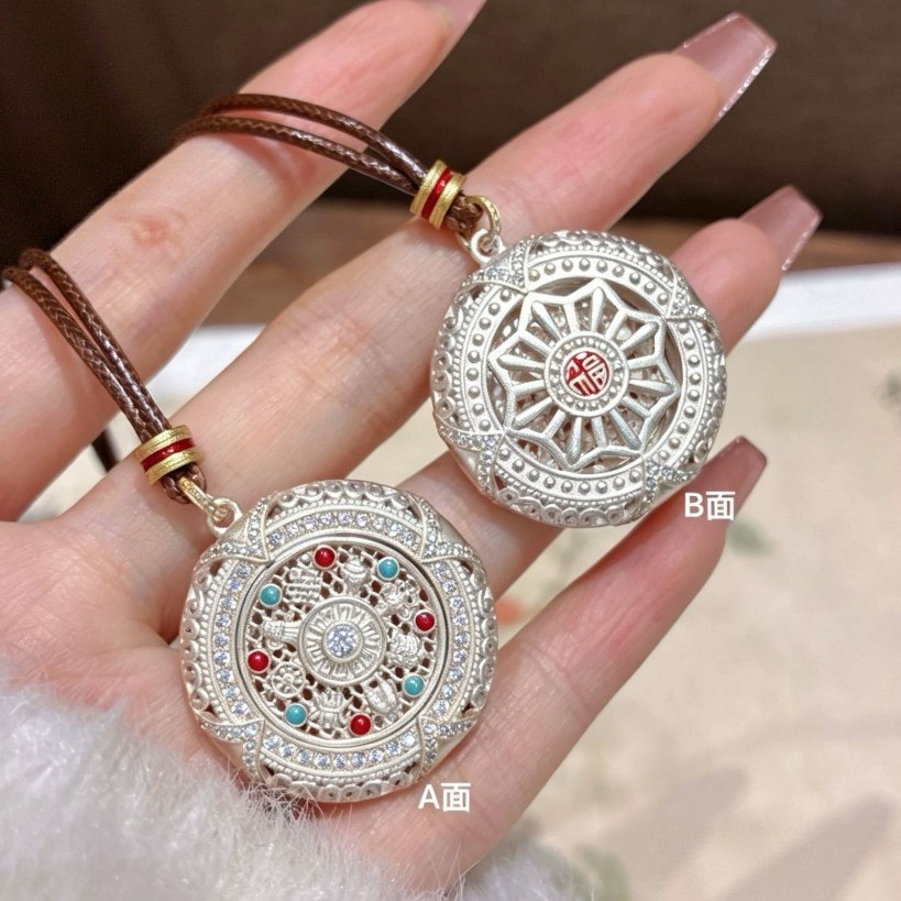 Silver rotatable Eight Treasures compass pendant, long sweater chain - 1