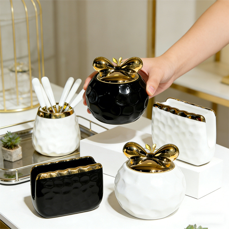 Nordic ceramic tabletop tissue box and storage jar set, 3-piece - 1