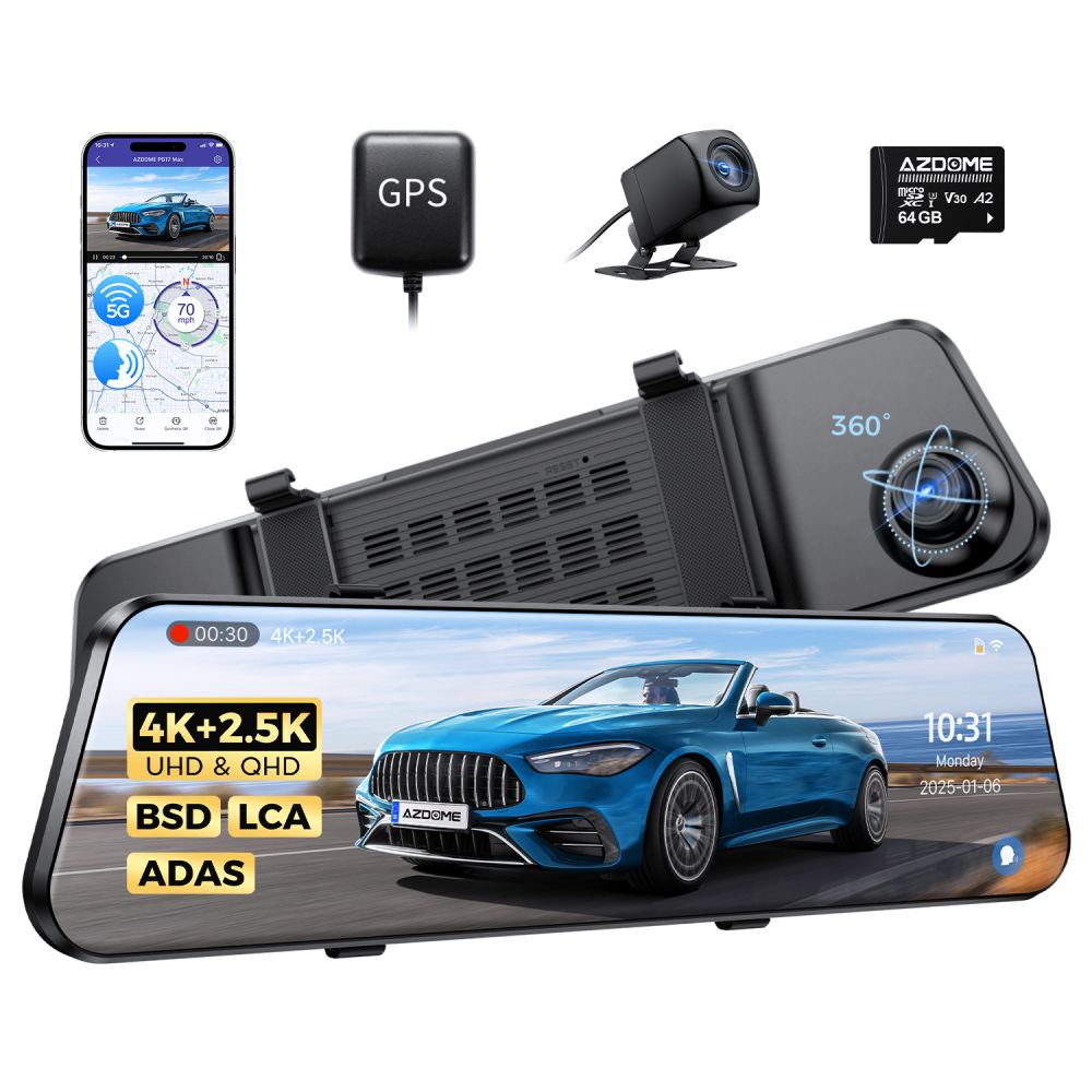 AZDOME Dual Camera Dashcam 11.8" Mirror with ADAS Support, Voice Control