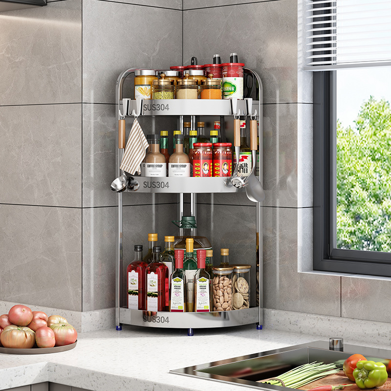 304 stainless steel kitchen shelf spice tripod spice rack countertop corner knife holder rod storage shelf - 1