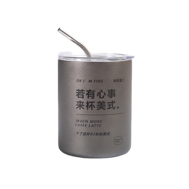 Doppelwandige Edelstahl-Isolierbecher mit Mattfinish für Americano-Kaffee, vakuumisolierter Latte-Reisebecher mit Strohhalm, flaches Doppelwand-Glas, Büro-Thermosbecher - 9