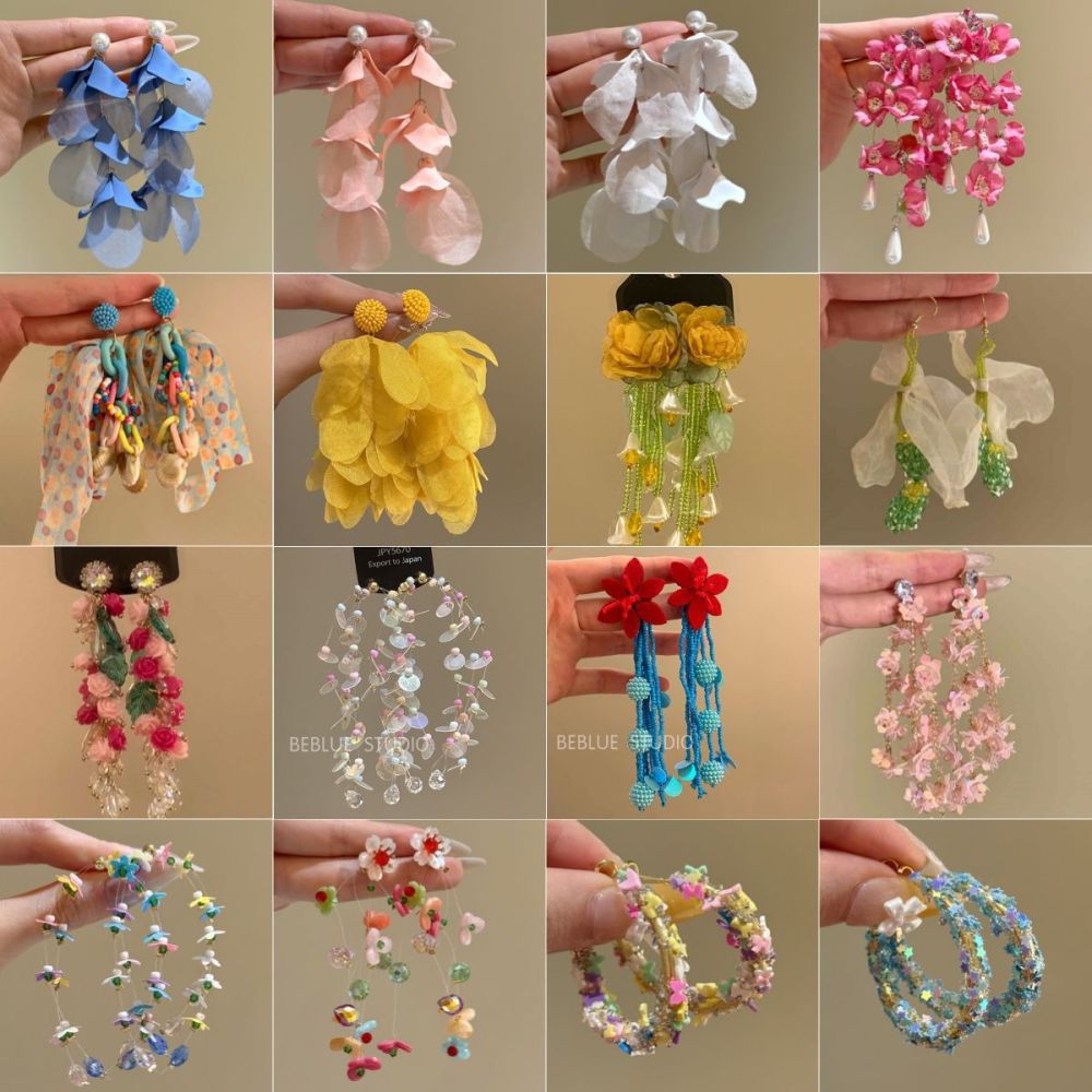 Creative Colorful Dopamine Fabric Beaded Earrings Women Ear Studs Seaside Vacation Style Ear Clips