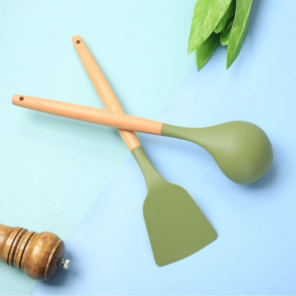 Yeni silikon mutfak gereçleri ahşap saplı çift set yüksek sıcaklığa dayanıklı gıda sınıfı yapışmaz spatula kaşık mutfak eşyaları seti - 8