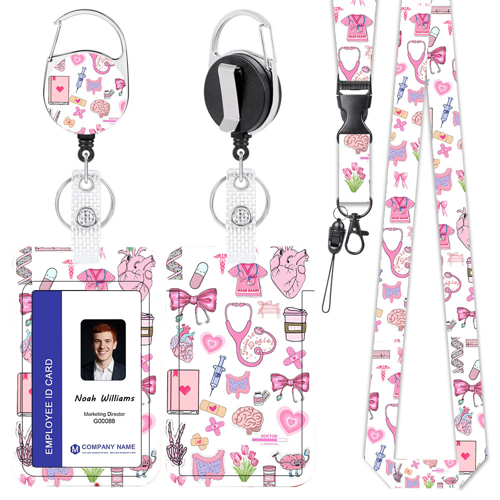 Pink Medical Staff ID Badge Holder with Retractable Lanyard - 1