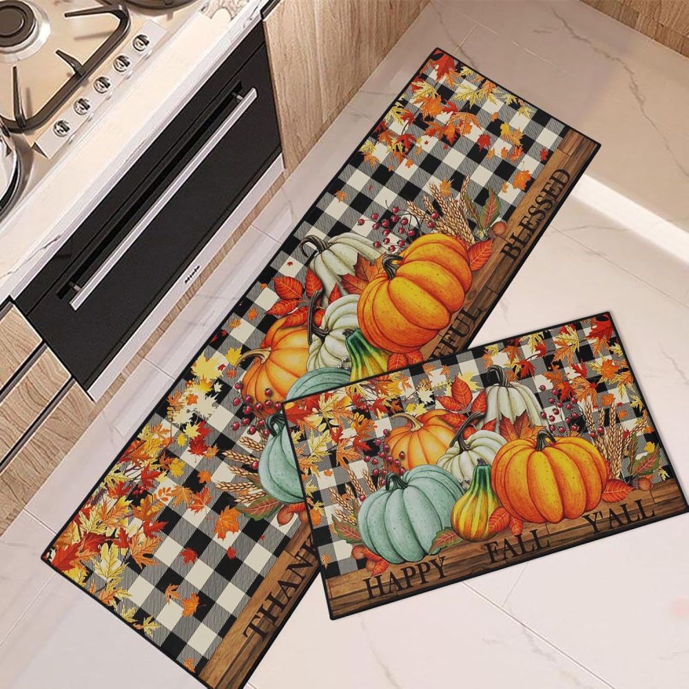 Thanksgiving Kitchen Two-Piece Set, Pumpkin Water and Oil Absorbing Floor Mat